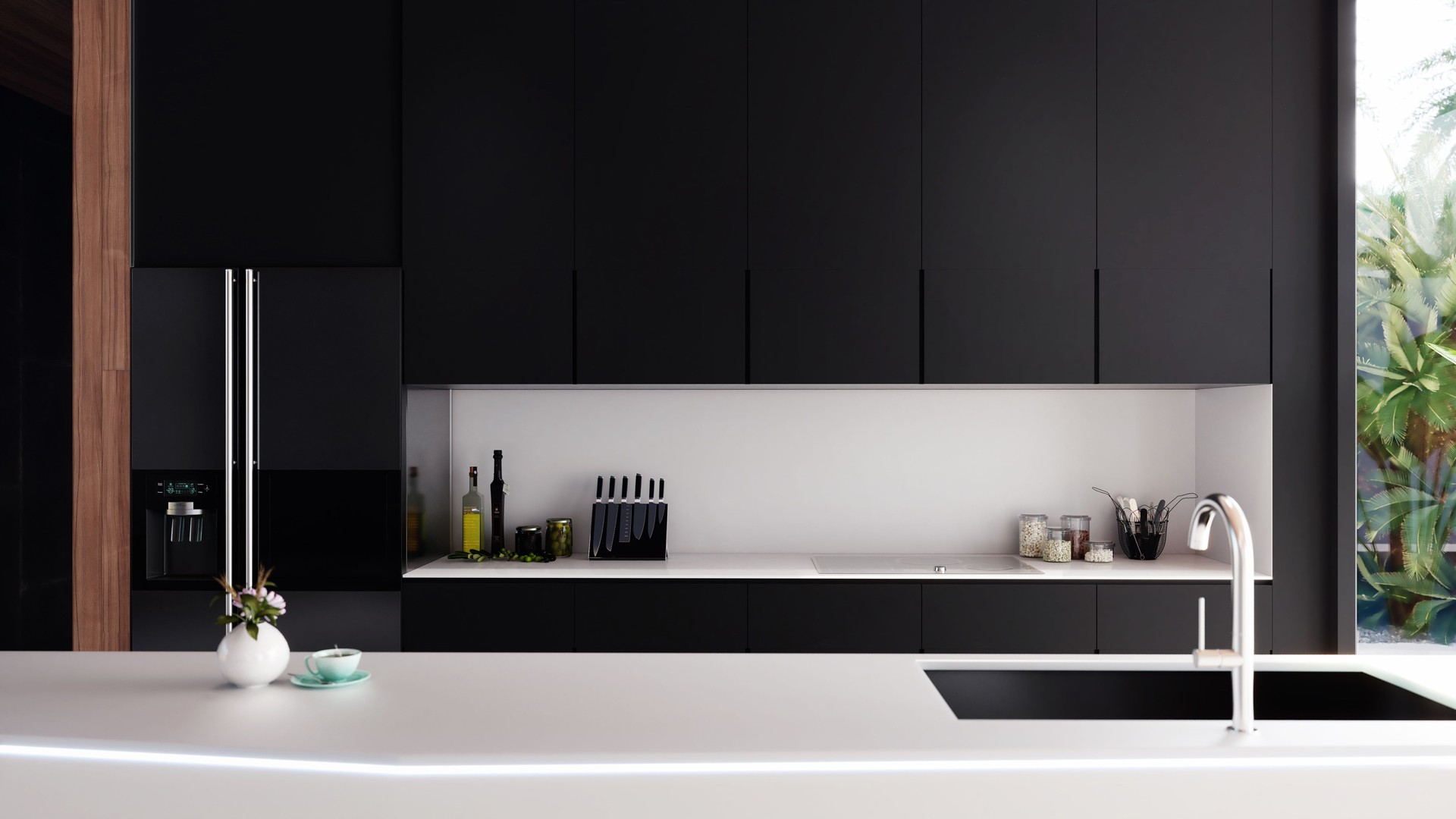 modern kitchen interior design, close-up detail frontal day rendering, 3D concept